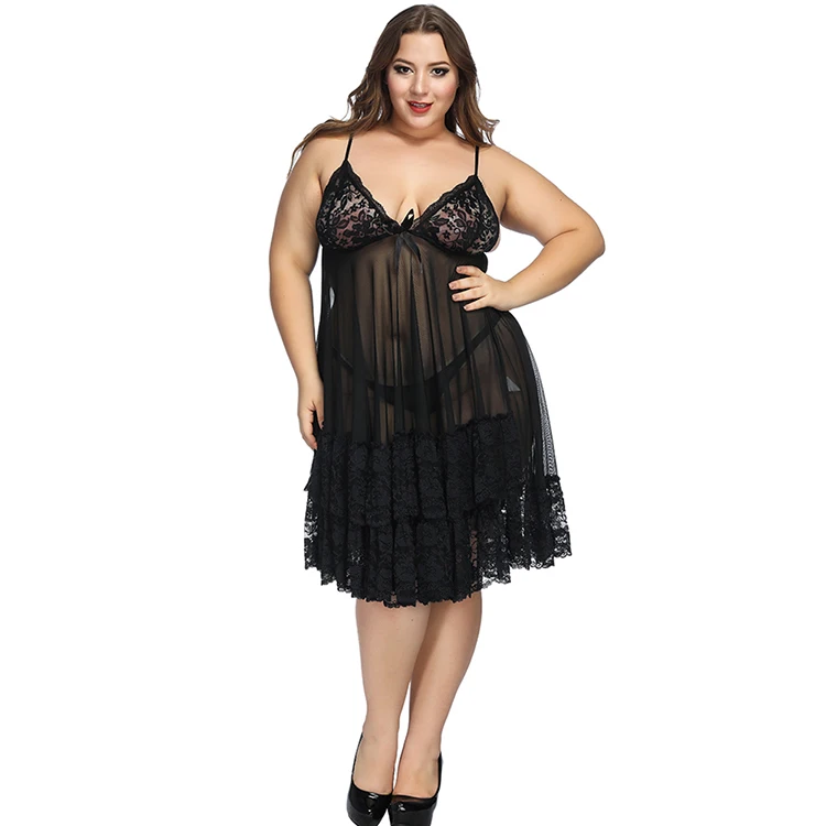 

2018 New Design Black Plus Size Shoulder Strap Sexy Women Lingerie Dress