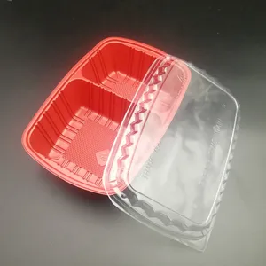 Image of 2 compartment disposable Plastic red inside black outside food container