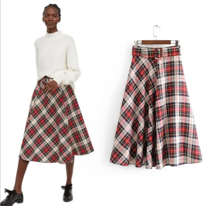 

Latest design ladies red plaid flared skirt Vintage women midi loose skirts, Mixed/customize