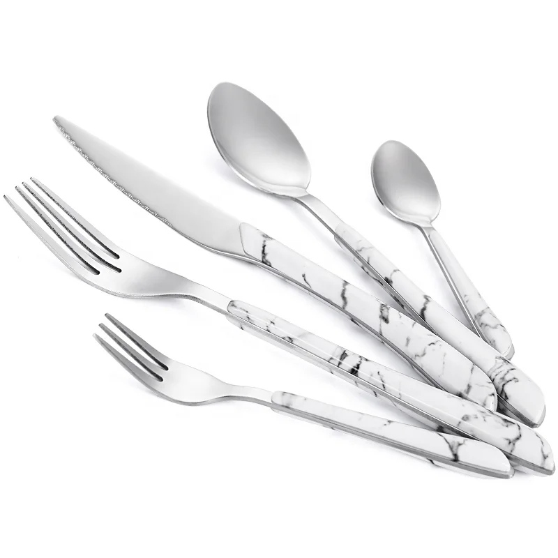 

Manufacturer Marble Plastic Handle Cutlery Spoon Fork Knife Teaspoon Set Camping Portable Stainless Steel Flatware