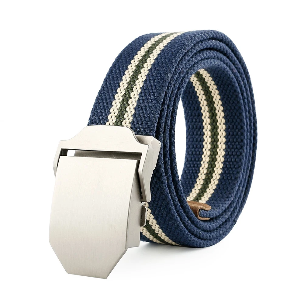 Dark Blue Stripe Mens Outdoor Military Style Tactical Canvas Web Belt with Zinc Alloy Buckle
