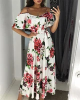 

Wholesale beautiful lady fashion off shoulder spaghetti strap rose printed long dresses