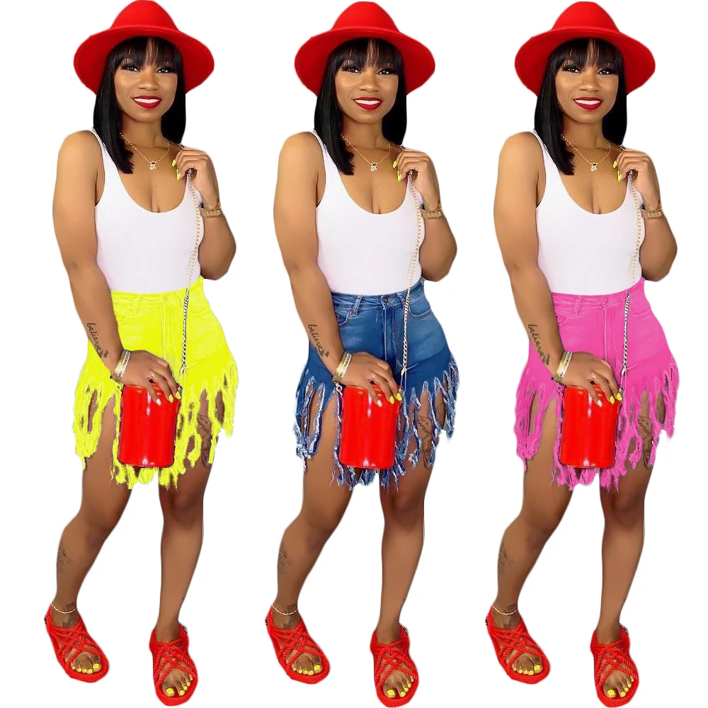 Ready to ship OEM ODM SA3553 women latest fashion solid jean denim shorts women with fringe