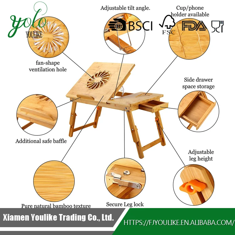 
100% Bamboo Laptop Table with USB Fan Adjustable Mutil Use 