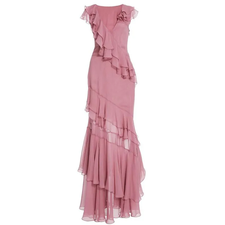 

Women Summer Vintage V-neck Layer Ruffles Chiffon Pleated Maxi Dress, Customized color