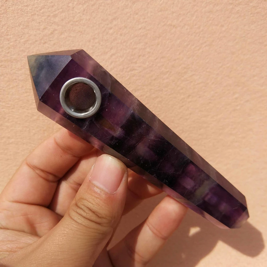 

Wholesale Natural Rock Fluorite Crystal Smoking Hand Pipes with Metal Bowl for gift