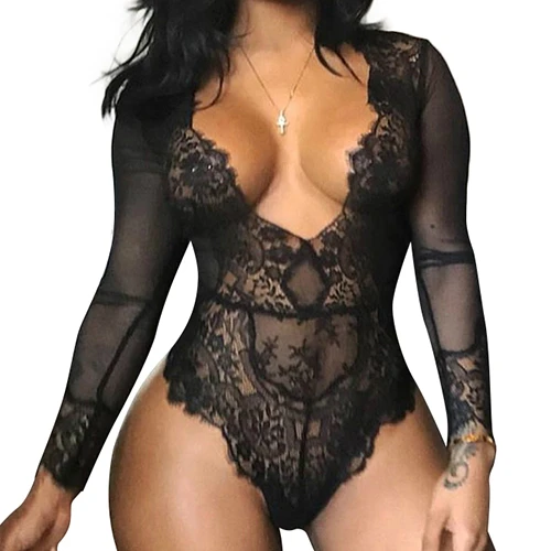 

Sexy Long Sleeves V Neck Lingerie Underwear Black Lace Bodysuit