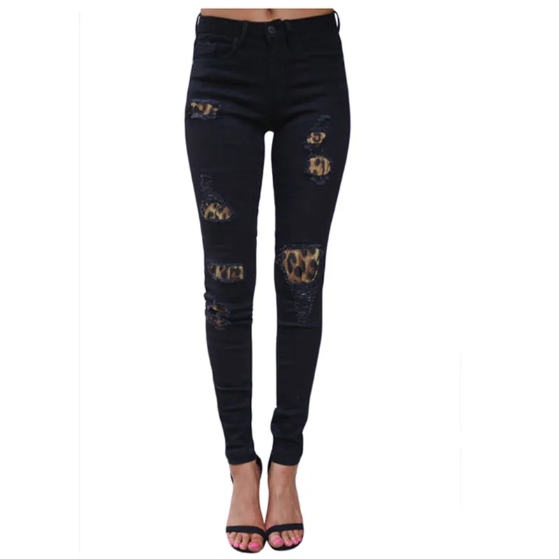 

New Arrival Leopard Patch Detail destroyed Jeans For Women