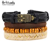

Artilady vintage leather bracelet set 4pcs set handmade owl beads adjust bracelets