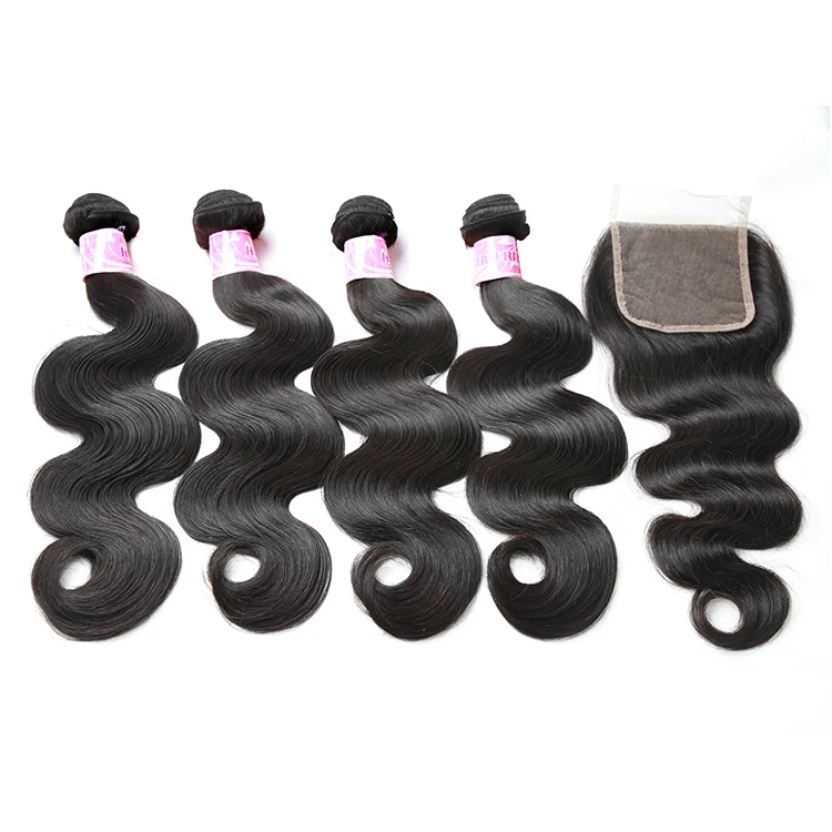 

JP 50% OFF Raw indian Human Hair Body Wave Bundles With Closure 3 Bundles Vigrin Hair Bundles With Lace Closure Remy Hair Weave, Natural black