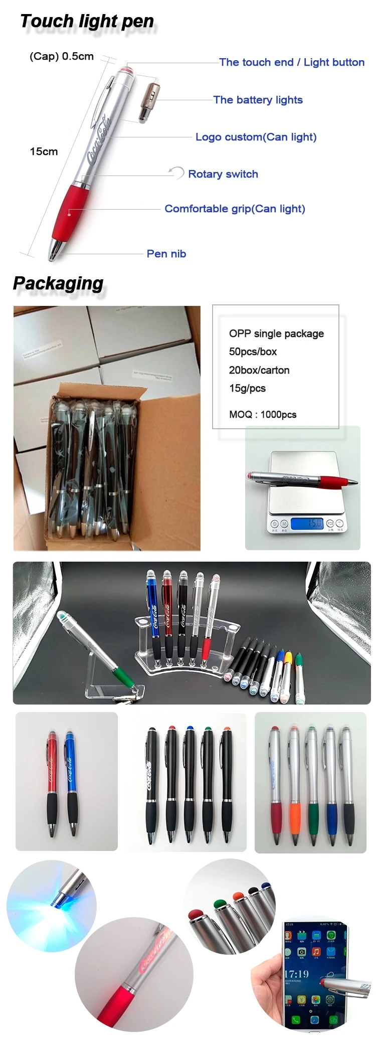 Advertising Logo Light Up Stylus Ball Pen Rubber Soft Sleeve Lighted