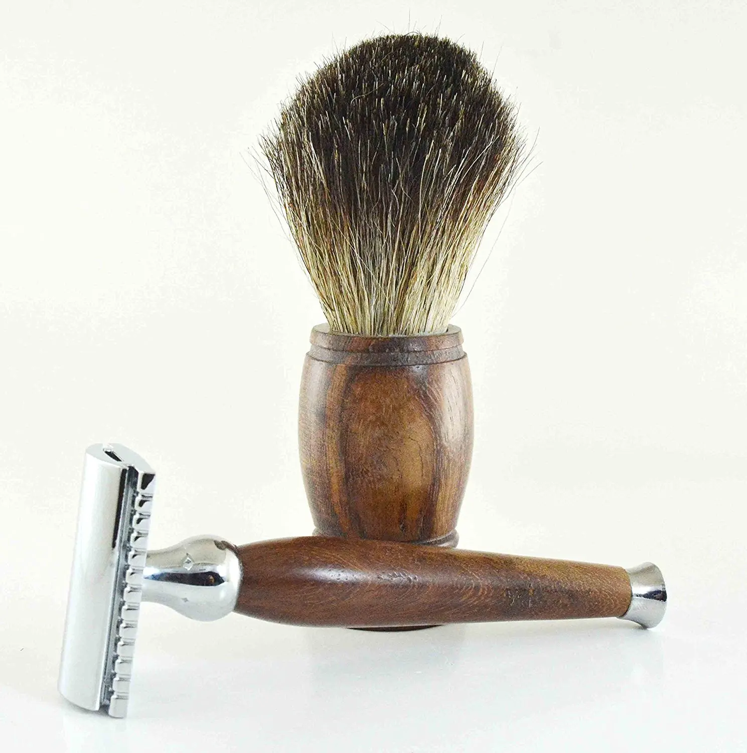 Safety Razor & Shaving Brush Combo by Cutlass | Rosewood Handles | Handmade | 100% Pure Badger Bristles | 5 New Replacement Blades | Stainless Steel | 100% Money Back Guarantee*