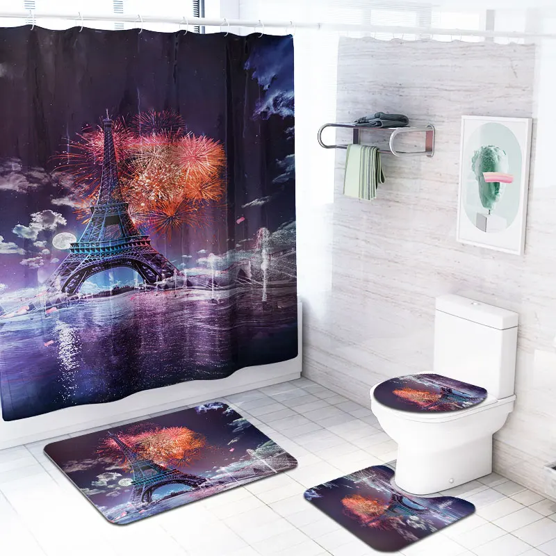 Amazon hot selling waterproof polyester fabric 4 piece bathroom rug mat and shower curtain sets