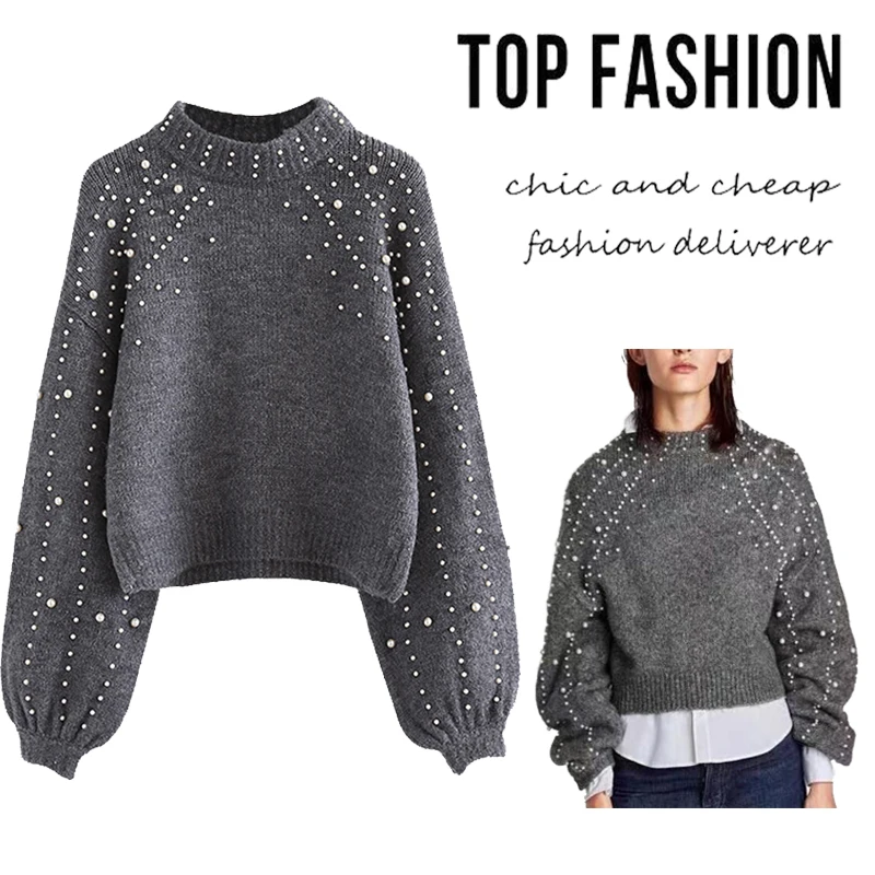 

Short Pearl Decorative Knitted Sweater, Grey