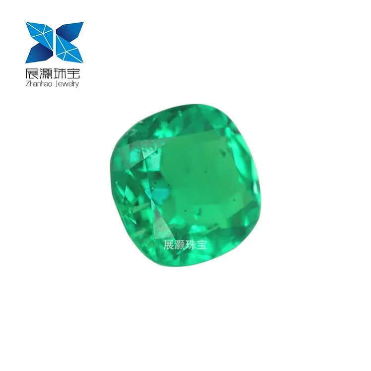 

Zhanhao Jewelry cushion cut customized size vs si clarity best price human created three phase Zambia raw emerald rough, Vivid green