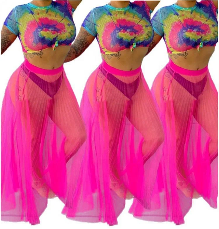 

summer 2019 new fashion lady mesh crop top and skirt 2 piece set with pleat skirt, As picture or customized make