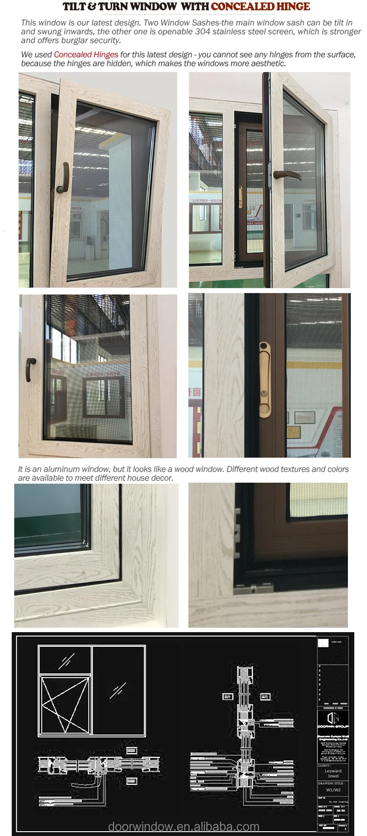 wooden grain finish aluminum swing tilt and turn windows with factory price