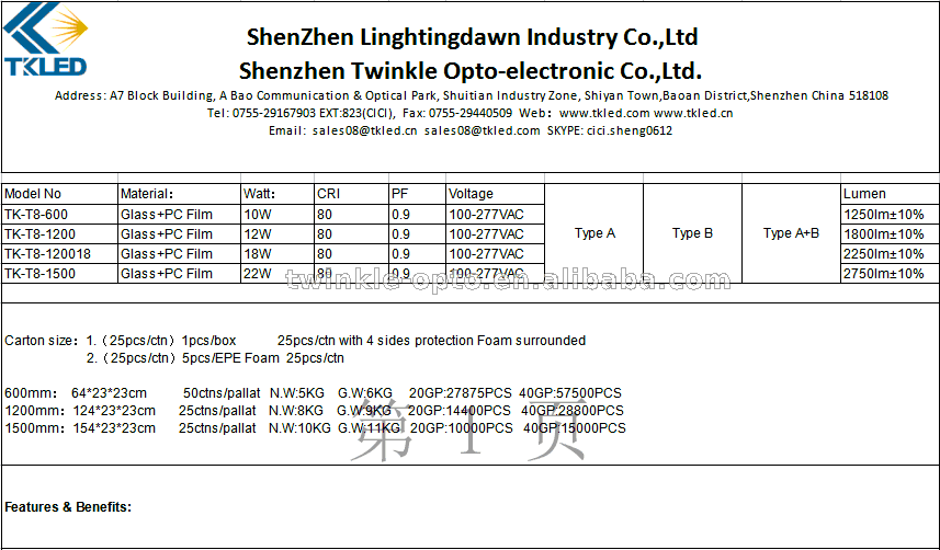 UL DLC 18W T8 4ft led tube lights shenzhen factory