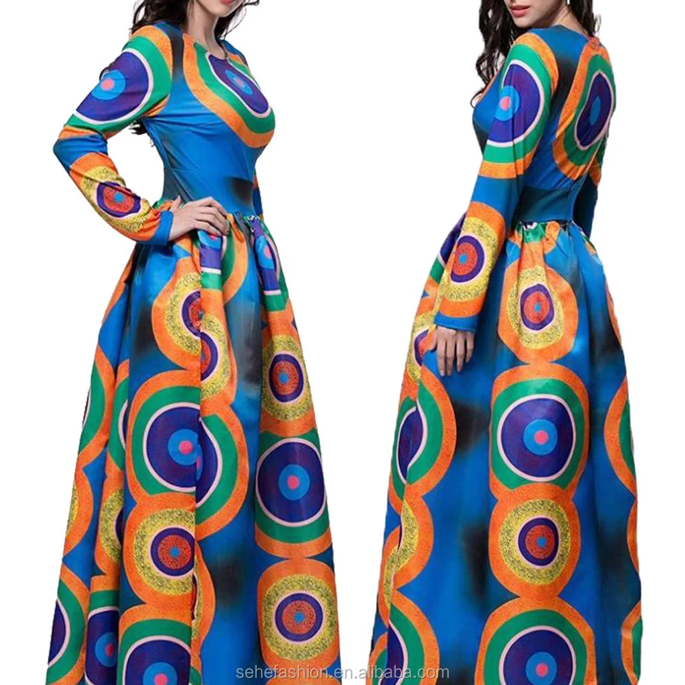 

760724 Women long polyester kaftan printed dress, Picture colors