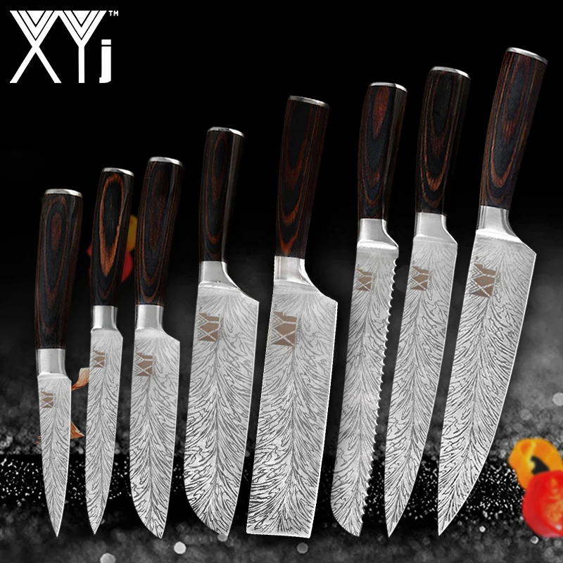 

XYj Kitchen Knife Set Laser Damascus Feather Pattern Stainless 7Cr17mov Stainless Steel 8pcs Professional Chef Knife Set