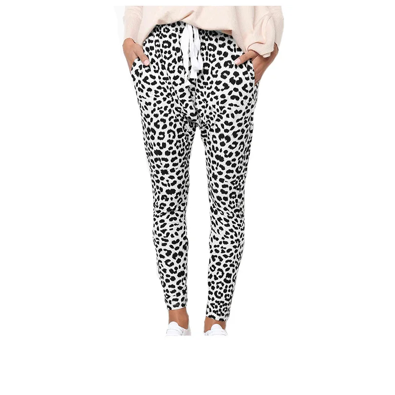 

Wholesale Fashion Leopard Pants Women's Elastic Waist Drawstring Pants, White;pink