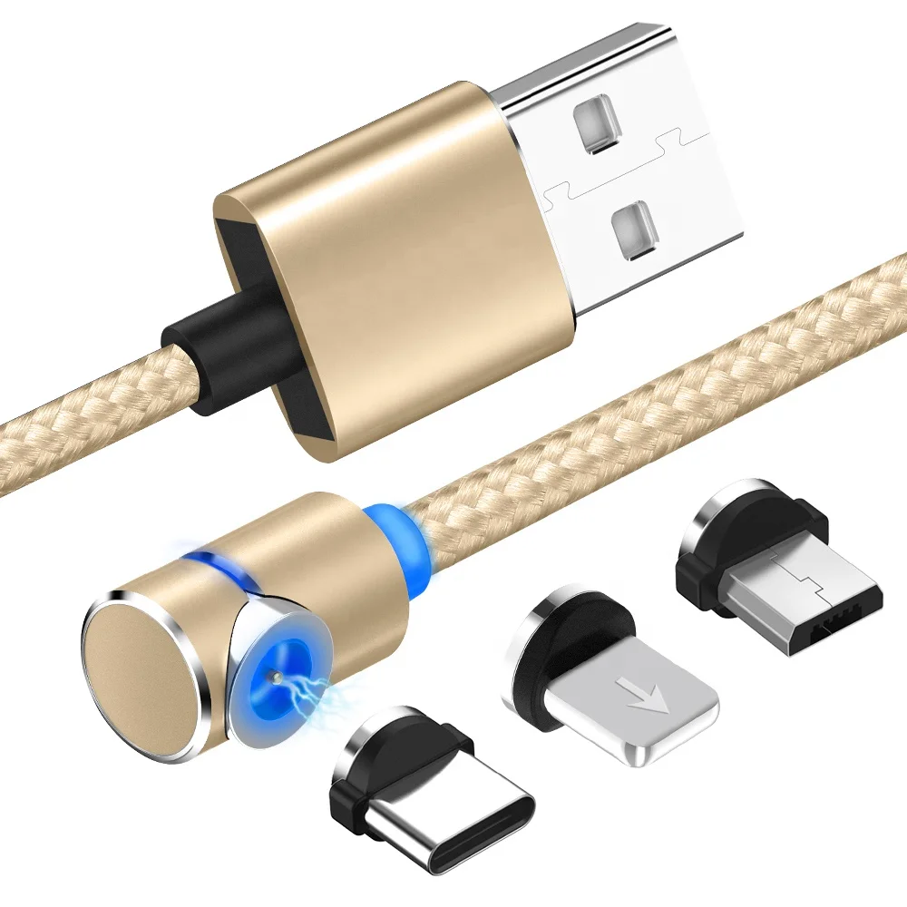 Hot Selling 90 Degree Elbow Magnetic Micro USB Charger Cable 3 In 1 LED Light Fast Charging USB Cable