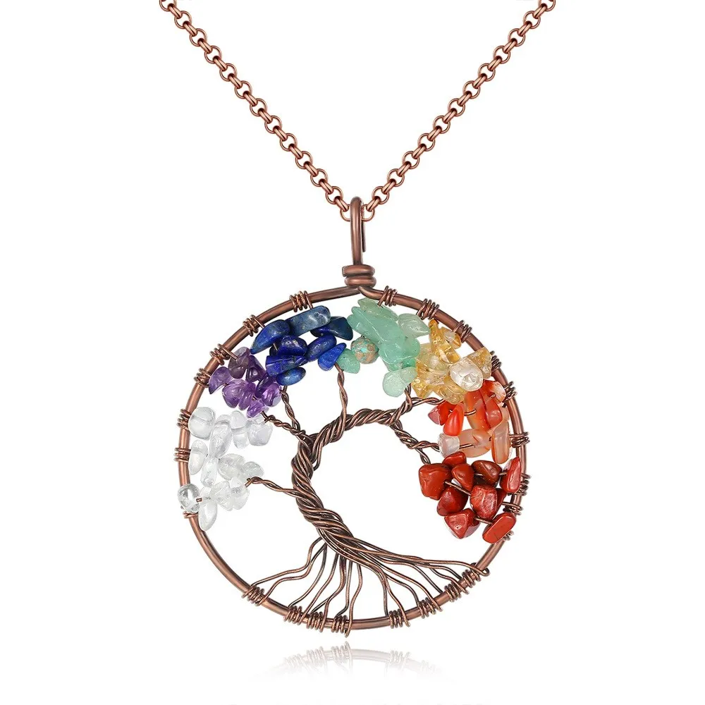 

7 Chakra Tree Of Life Pendant Necklace Copper Crystal Natural Stone Necklace Quartz Stones Pendants Women Christmas Gift