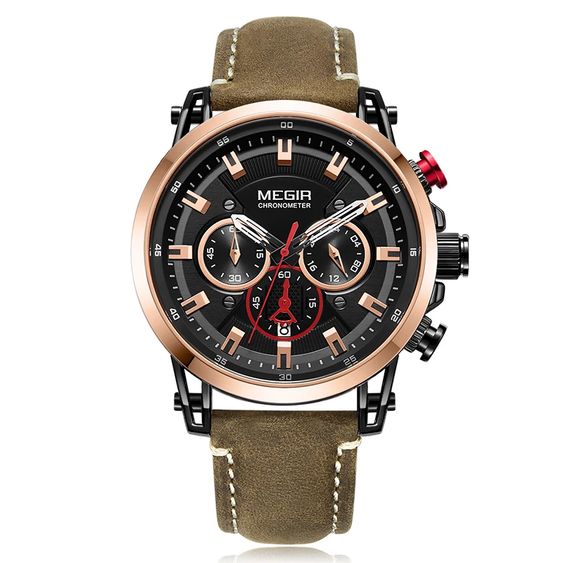

Megir Brand 2085 Men's Watch Chronograph Quartz Watches Man Leather Strap Clock Sport Army Date Wristwatch Relogio Masculino