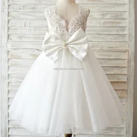 

Princess V Back Ivory Lace Tulle Wedding Flower Girl Dress with Big Bow