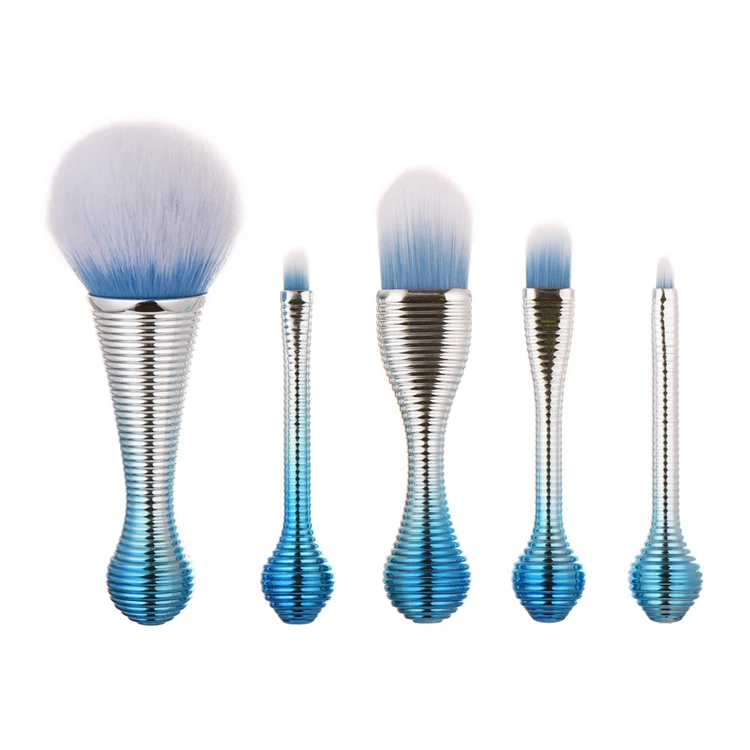 

plastic handle cute women powder eyeliner 5pcs make up brush set cosmetic, Blue+silver
