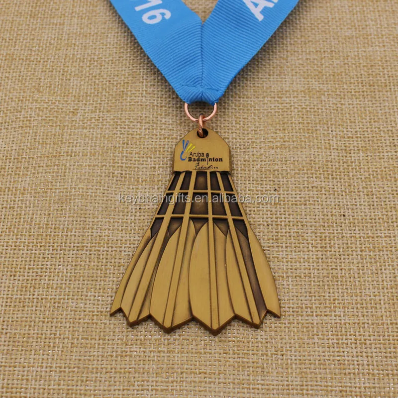Custom Cheap Antique Badminton Shape Medal Sport Medal With Ribbon
