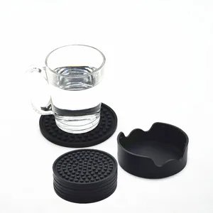 Image of Benhaida Non Slip Good Grips Silicone Drink Coaster with Holder Set of 6,Absorbs Spills and Condensation