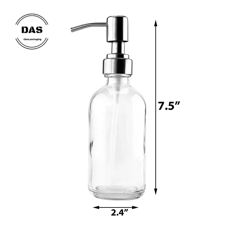 Refillable Clear 8oz Boston Round Glass Lotion Liquid Soap Bottles With