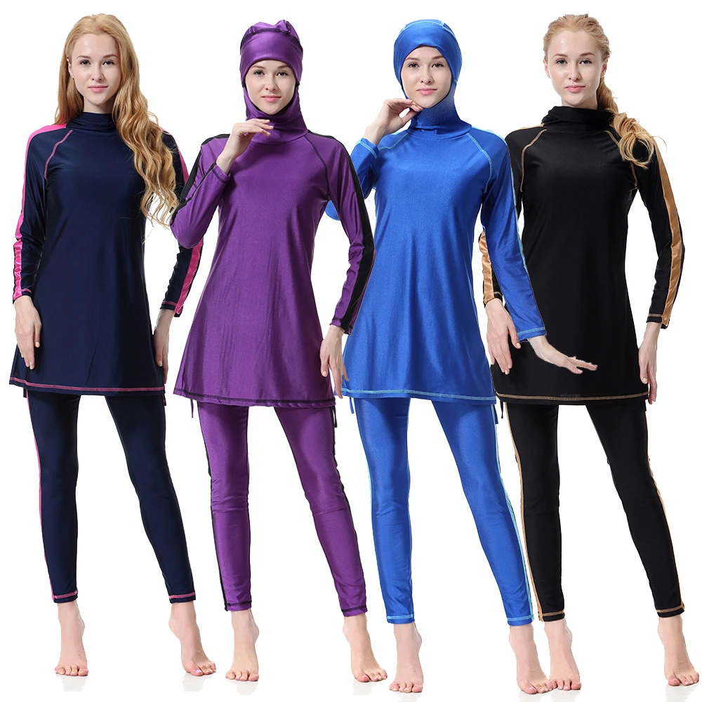 

2019 summer islamic swimming suit women long muslim modest swimwear, Black;navy blue;blue;purple