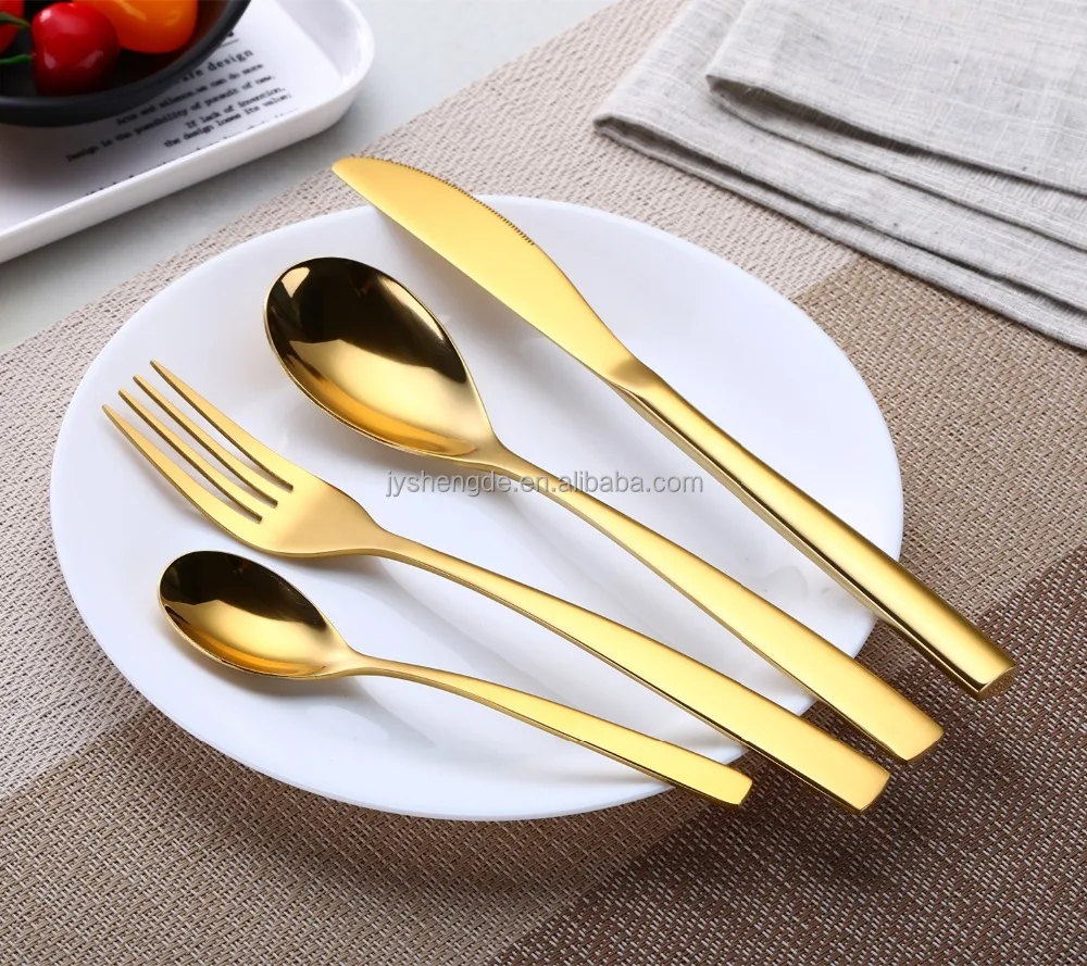 

Hot sale Food grade and dishwasher safe gold cutlery set and rose gold stainless steel cutlery set with free customized logo, Golden