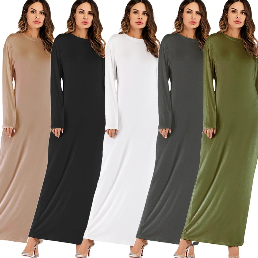 9099# Bodycon Muslim Dress Women Elastic Inner Maxi Dresses O Neck ...