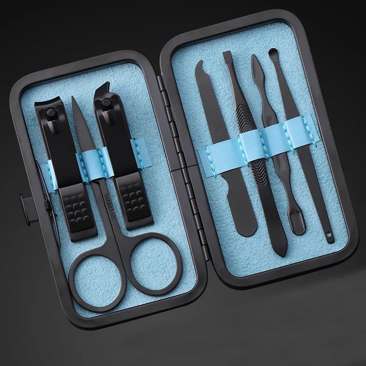 

Promotional stainless steel 7pcs manicure set black color manicure kit with scissors