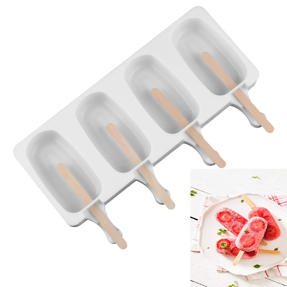 

Chinese Supplier Food Grade 4 Cavities Oval Silicone Popsicle Ice Cream Mold