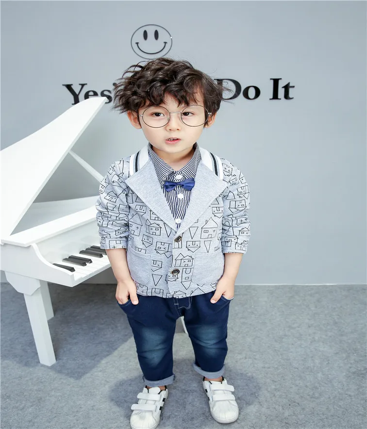 

Boys Fashion Set 2018 Autumn New Cartoon House Jacket Shirt Jeans Gentleman 3 Pieces Set