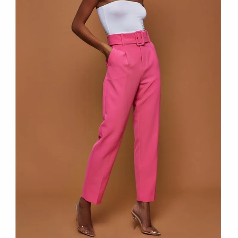 Ecowalson Casual Pants High Waist Autumn Belted Straight Leg Slacks Office Lady Suit Pants Women 