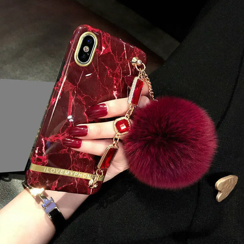 

Fashionable Hairball Plush ball Vintage Retro Marble printed shockproof tpu Phone Case Cover For iPhone XS 11 pro Max 6 7 8 Plus