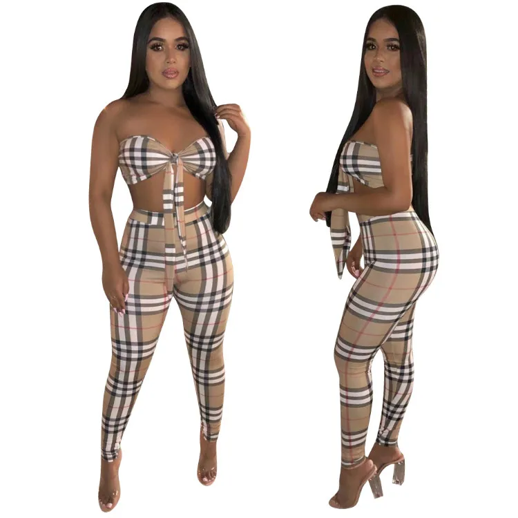 

Plaid Print Fashion Two Pieces Set Women Clothing Sexy Strapless Bandeau Top and Bottom Pants Set Ladies 2 Piece Outfits