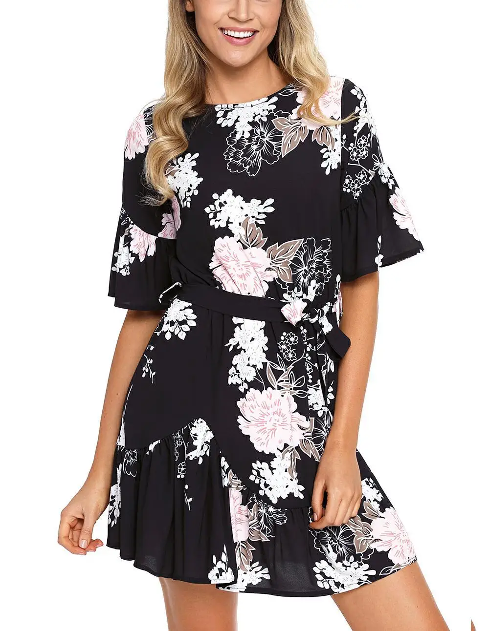 

2018 Floral Pattern Ruffle Hem Chiffon Boho Dress Women, As show