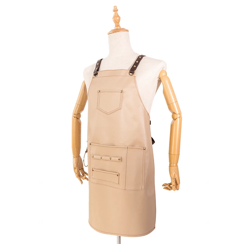 

One-click Order RTS Multi-purpose PU Waterproof Leather Apron Barber Work Apron with Towel Hanging Ring, Khaki