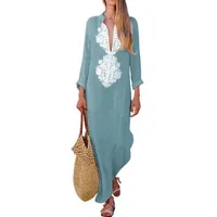 

Wholesale Summer Deep V Cotton And Linen Maxi Skirt Women Long Sleeve Ladies Embroidery Casual Dresses