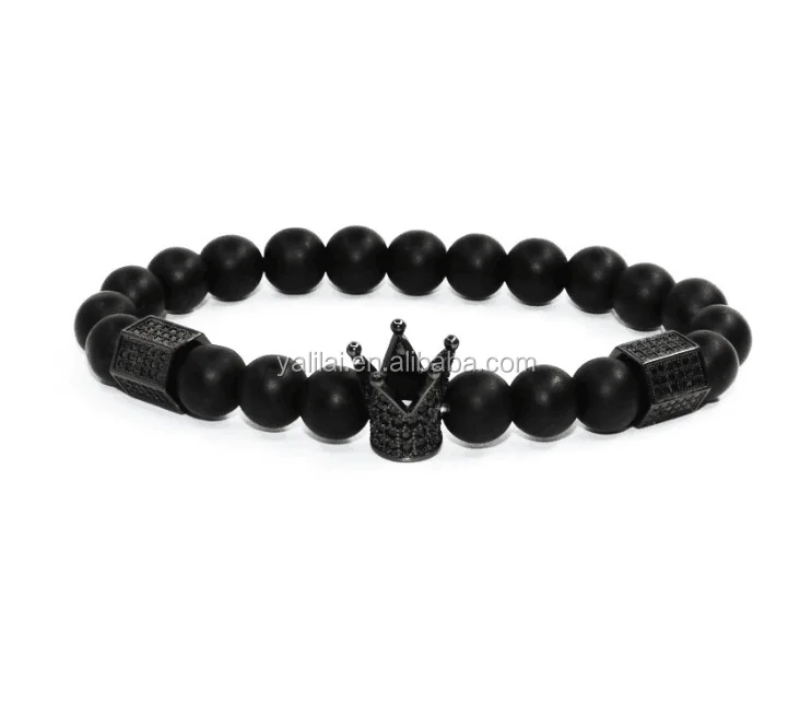 

New Design Trendy Imperial Crown Stoppers Jewelry Natural Agate Stone Bead Bracelet For Men, Black