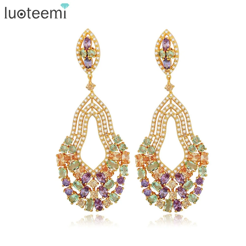 

LUOTEEMI Luxury Fashion Jewelry High Quality Gold Plated Women Micro Paved Multi AAA Cubic Zirconia Drop Earrings, N/a