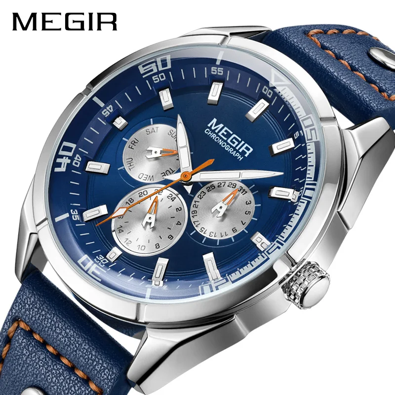 

Luxury Megir 2072 Men Army Military Wrist Watches Leather Fashion Luminous Clock Waterproof Top Brand Chronograph Quartz Watch