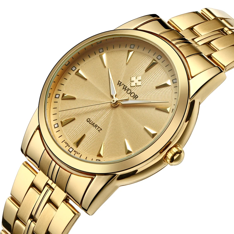 

Luxury WWOOR brand men fashion Japan movt quartz gold watch alloy head stainless steel nice style casual wristwatch men, White / blue / gold / black