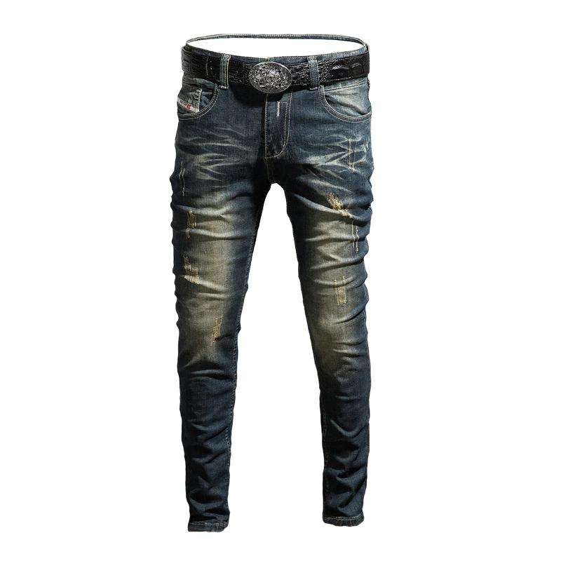 

Europe trend retro men's jeans elastic nostalgic washed hole slim motorcycle biker jeans male USA large size denim pants